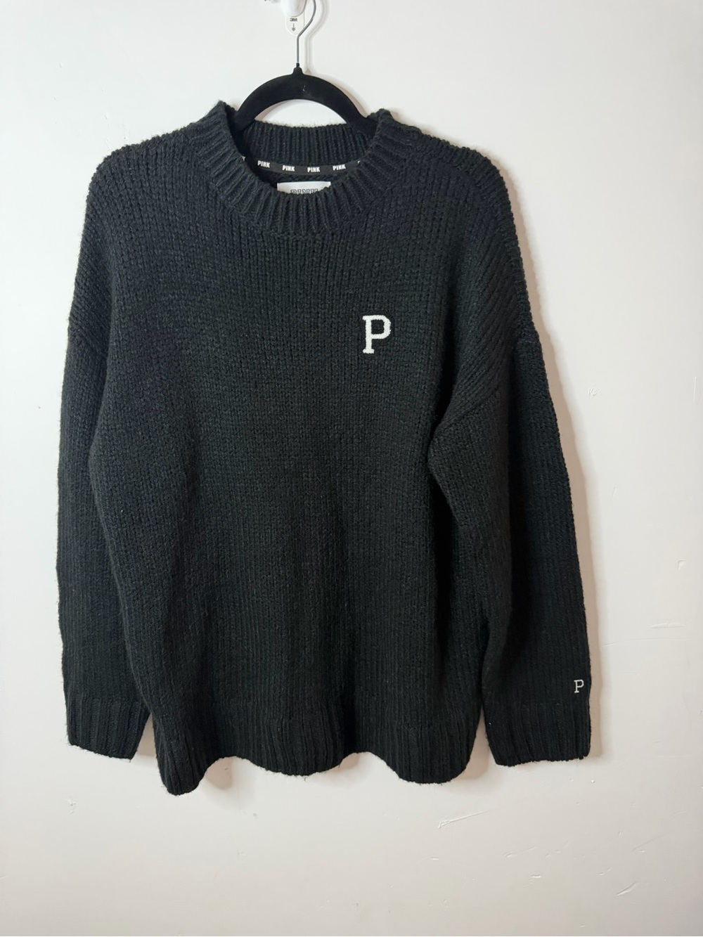 PINK Victoria's Secret Black Crewneck Sweater with White 'P' Embroidery
